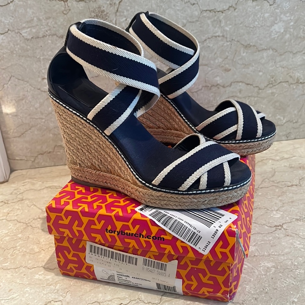 Tory Burch Contrast Elastic Espadrille Wedge Sandals Navy Cream 7